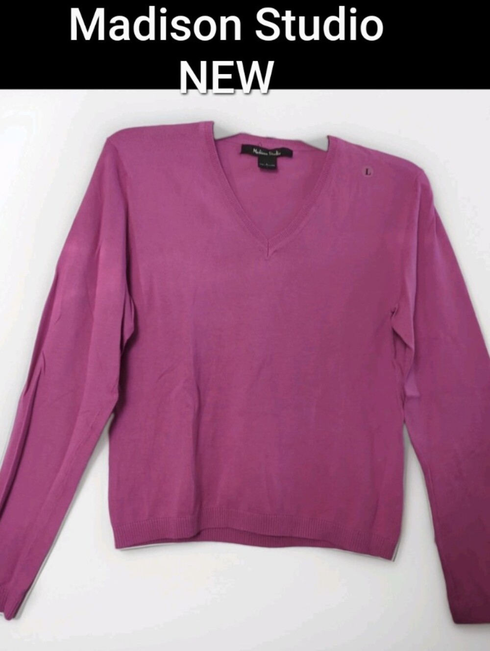 Madison Studio Pink  Knit Cotton V-Neck Slim Pullover Sweater Large New